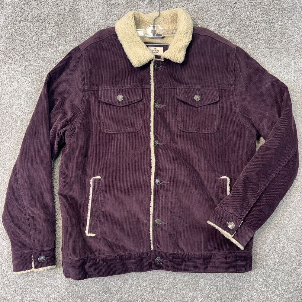 Marine Layer Trucker Jacket Mens Large Corduroy Plum Sherpa Lined Burgundy EUC